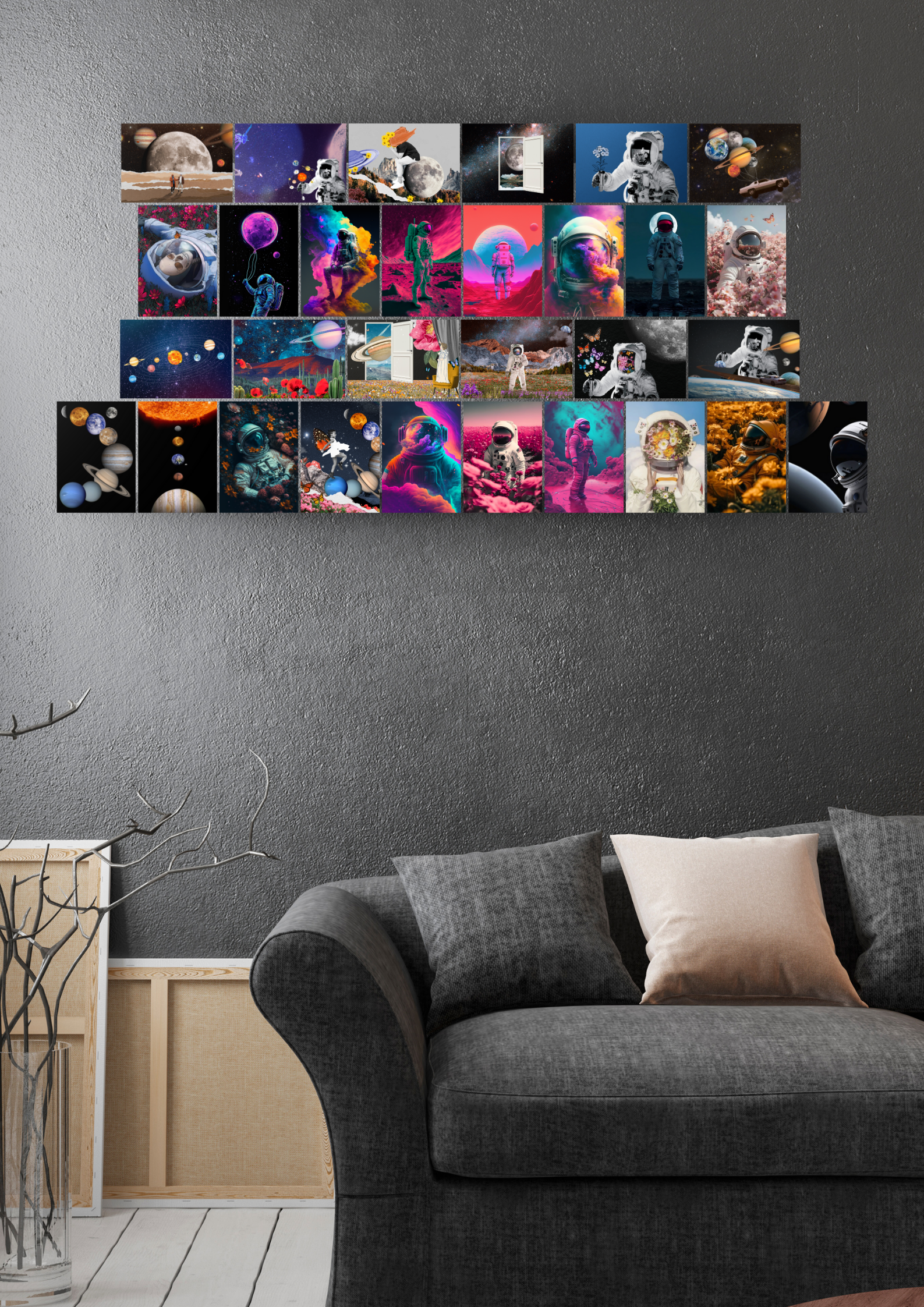 30 Pcs Cosmic Astronaut & Space Wall Kit featuring galaxy posters, celestial wall art, and space exploration décor for bedroom, dorm room, and sci-fi enthusiasts.